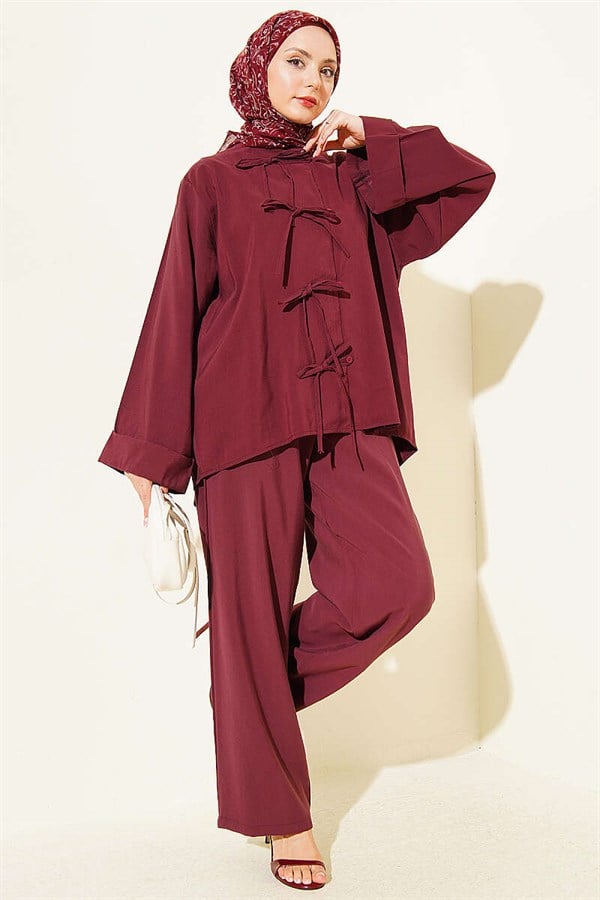 Tencel 2 Piece Set with Bow Detail, Burgundy