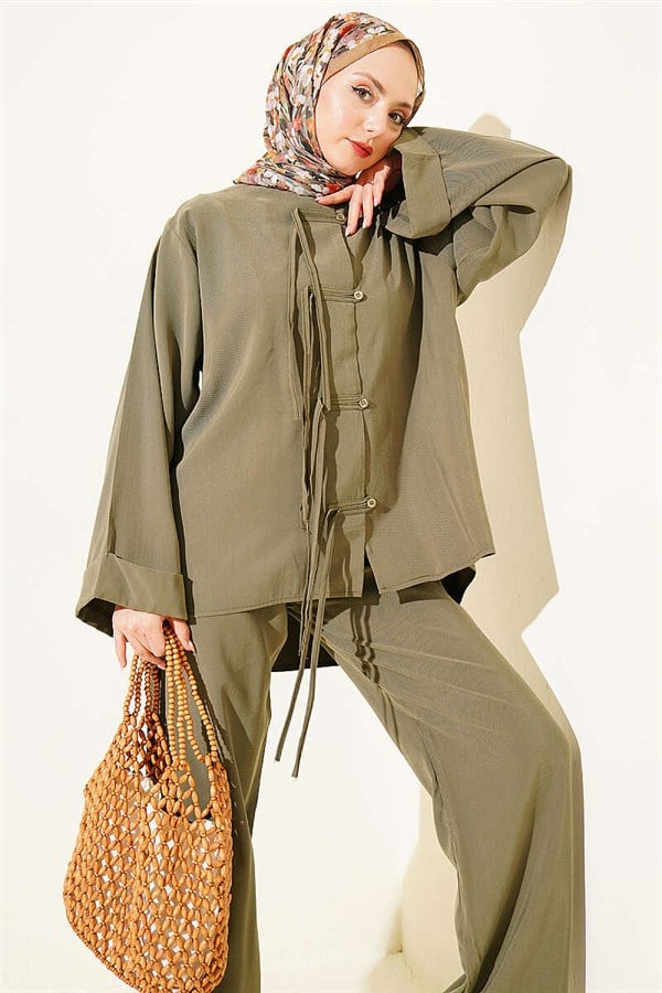 Tencel 2 Piece Set with Bow Detail, Khaki