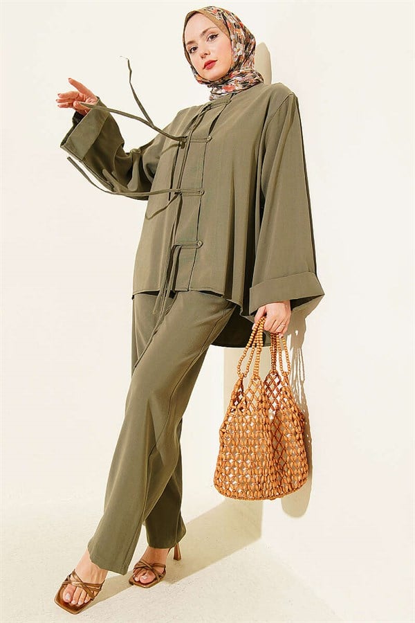 Tencel 2 Piece Set with Bow Detail, Khaki