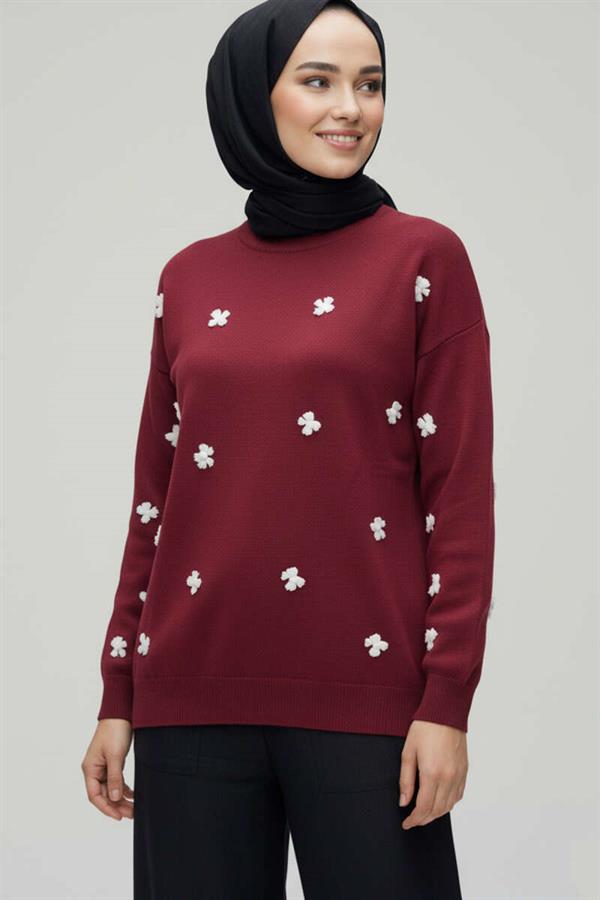 Bow Embroidered Knitted Sweater Burgundy