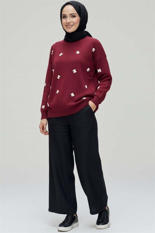 Bow Embroidered Knitted Sweater Burgundy