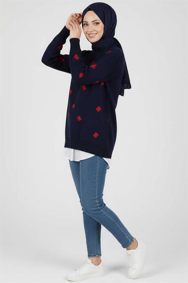 Bow Embroidered Knitted Sweater Navy Blue