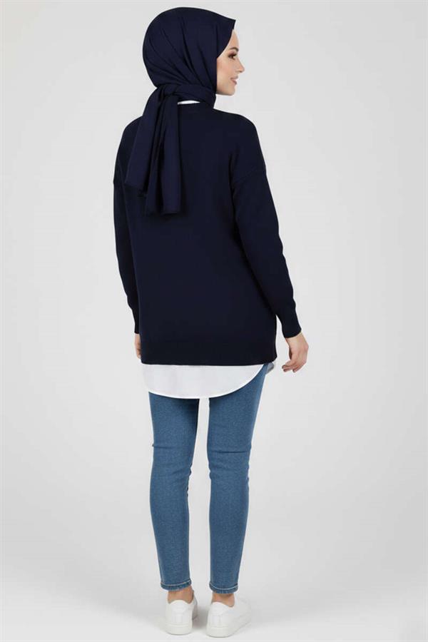Bow Embroidered Knitted Sweater Navy Blue