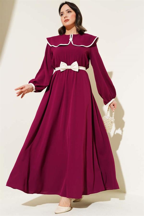 Bow Belted Baby Collar Dress Burgundy