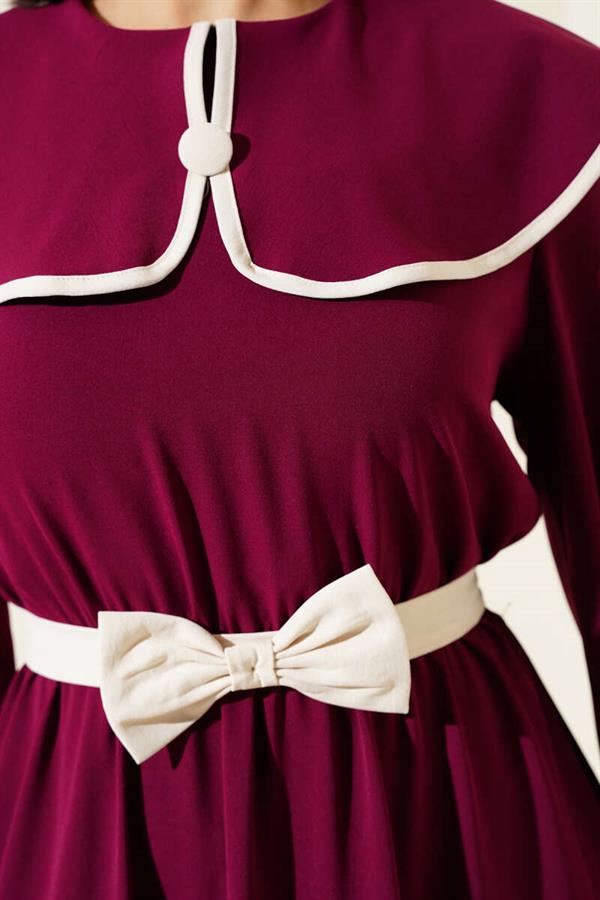 Bow Belted Baby Collar Dress Burgundy