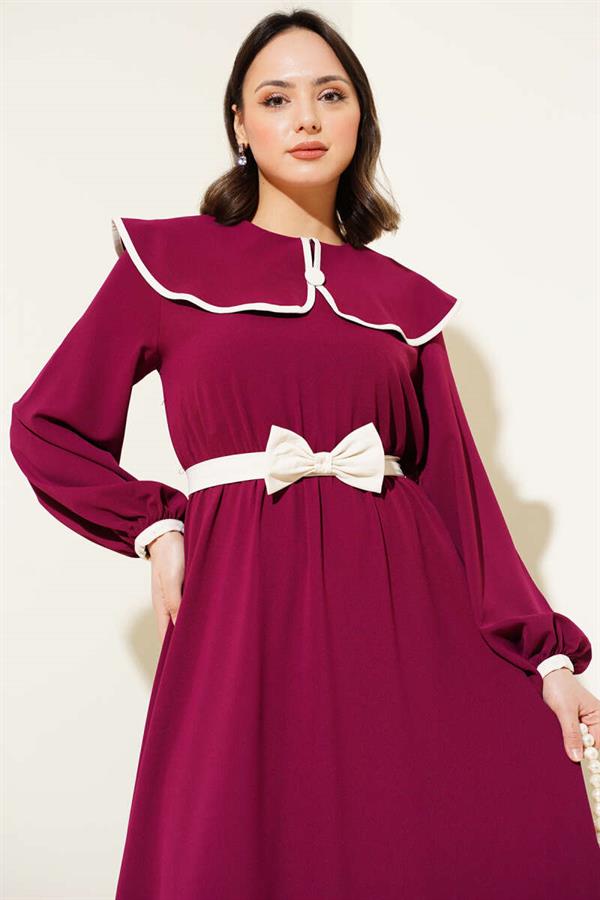 Bow Belted Baby Collar Dress Burgundy