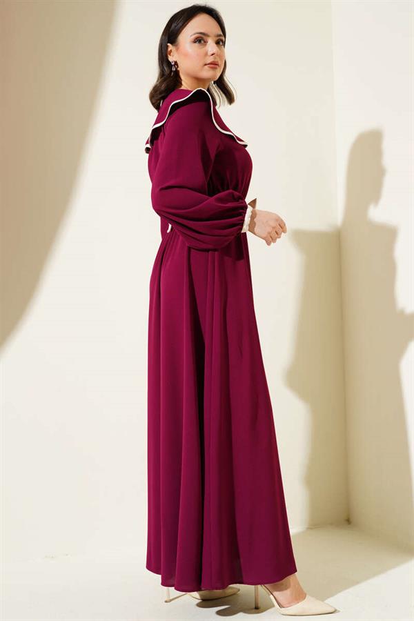 Bow Belted Baby Collar Dress Burgundy