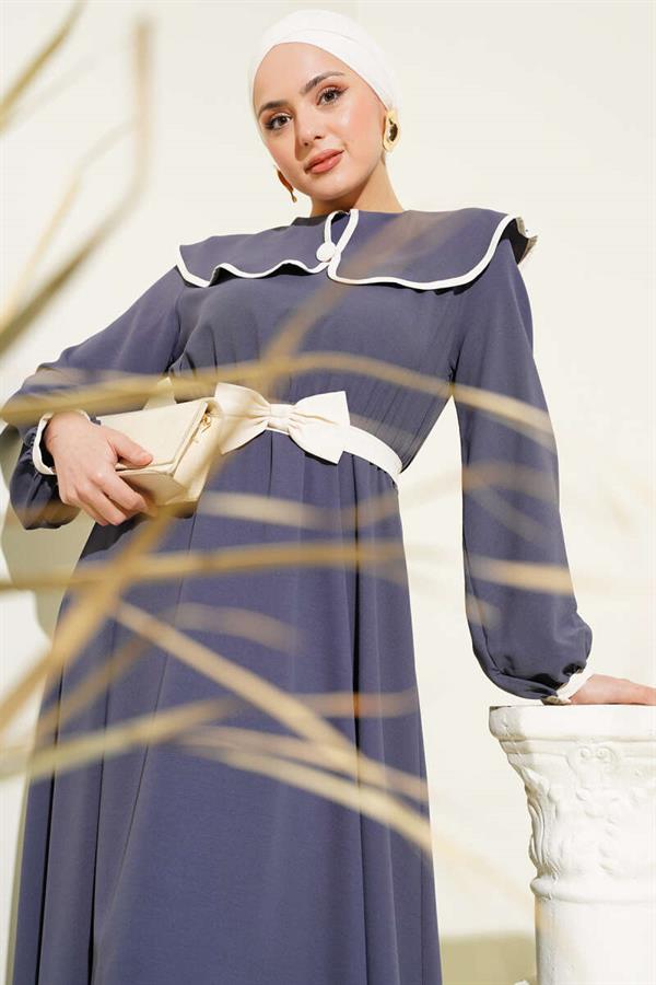 Bow Belted Baby Collar Dress Smoke