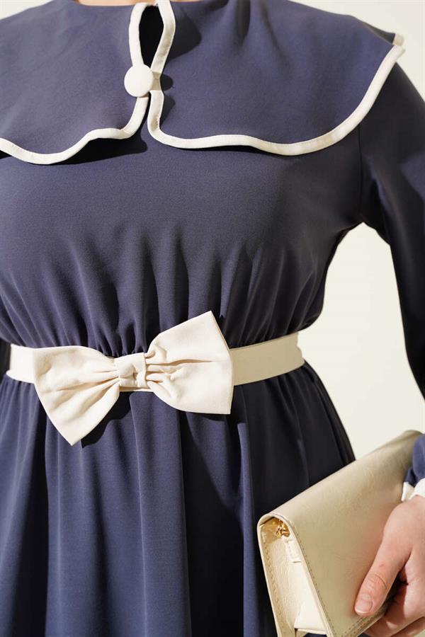 Bow Belted Baby Collar Dress Smoke
