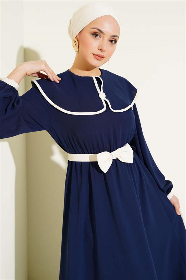 Baby Girl Collar Dress with Bow Belt Navy Blue