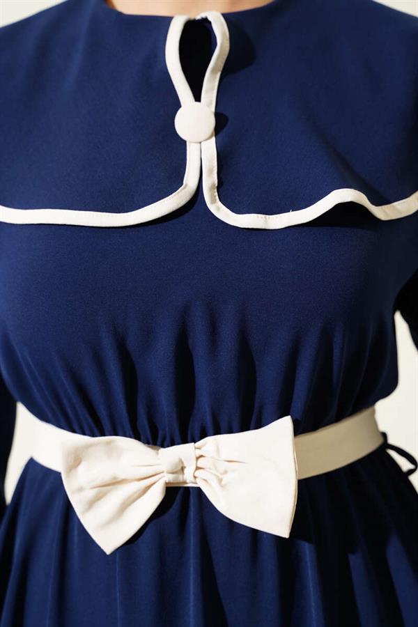 Baby Girl Collar Dress with Bow Belt Navy Blue