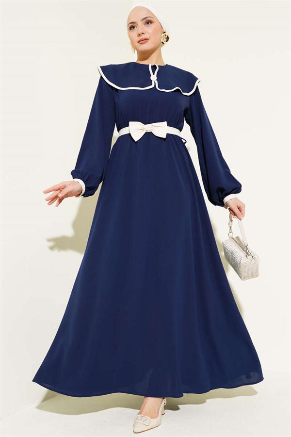 Baby Girl Collar Dress with Bow Belt Navy Blue
