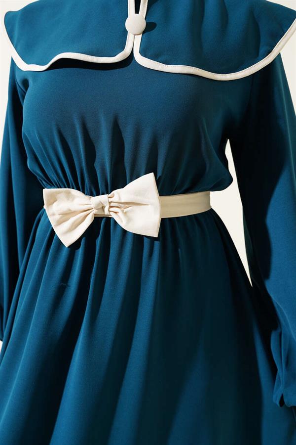 Bow Belted Baby Collar Dress Petrol