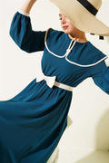 Bow Belted Baby Collar Dress Petrol