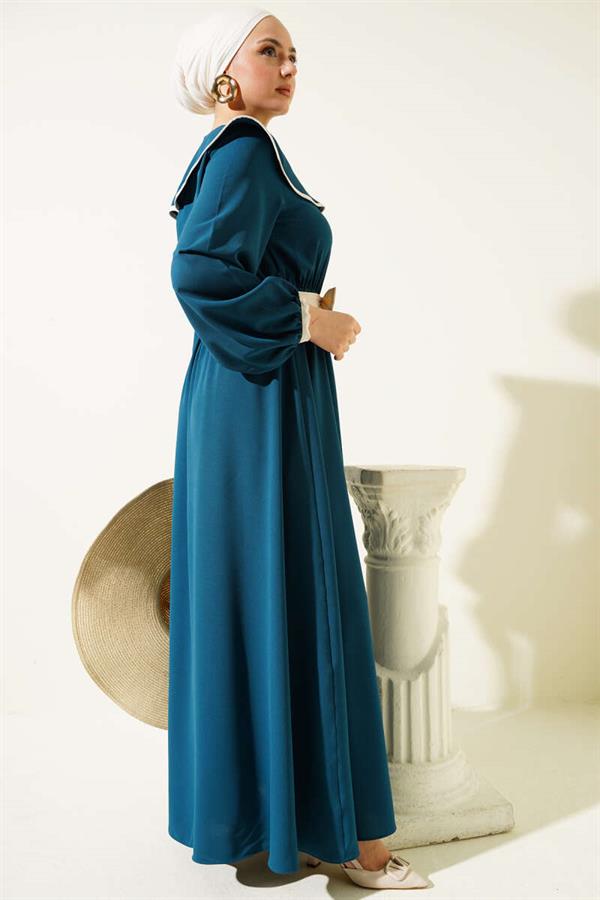 Bow Belted Baby Collar Dress Petrol