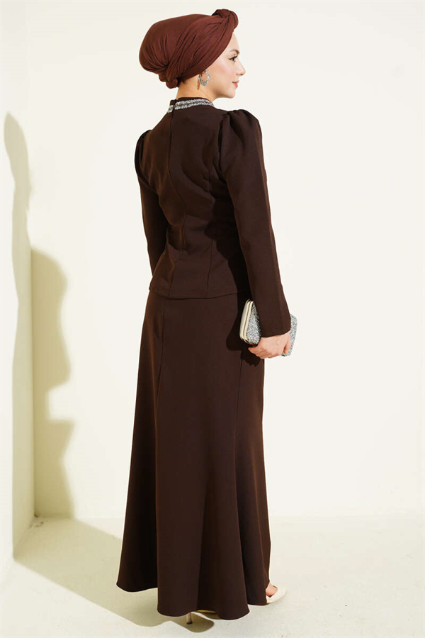 2 Piece Set with Bow and Stone Embellished Skirt, Coffee