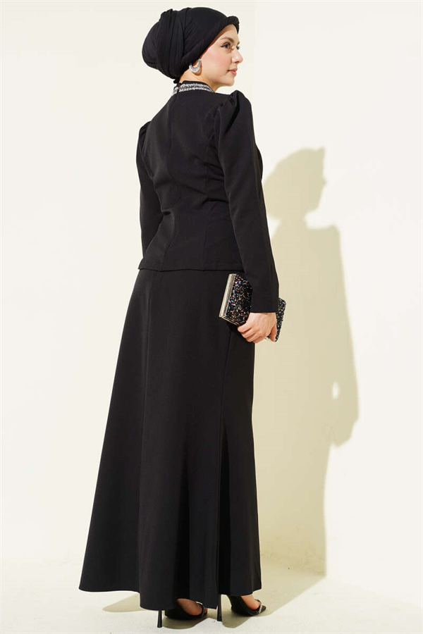 2 Piece Set with Bow and Stone Embellished Skirt, Black
