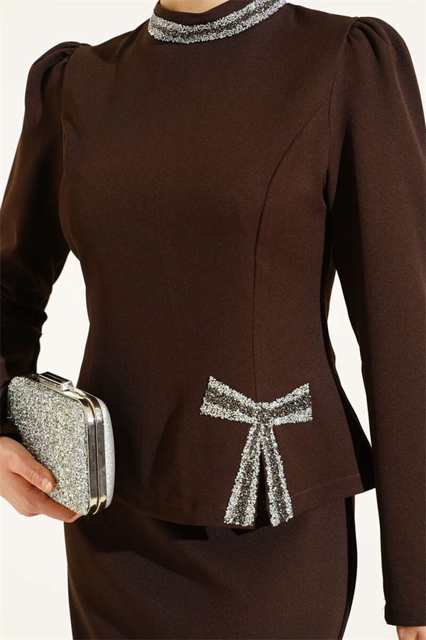 2 Piece Set with Bow and Stone Embellished Skirt, Coffee