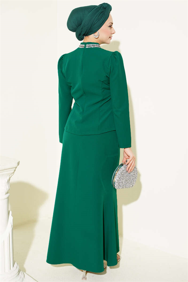 2 Piece Set with Bow and Stone Embellished Skirt, Green