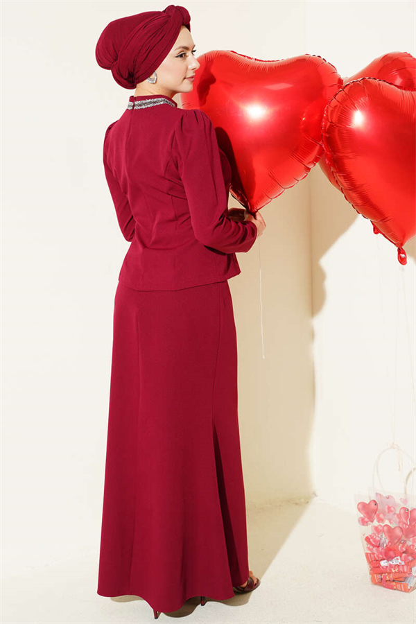 2 Piece Set with skirt and bow embellishments in burgundy.