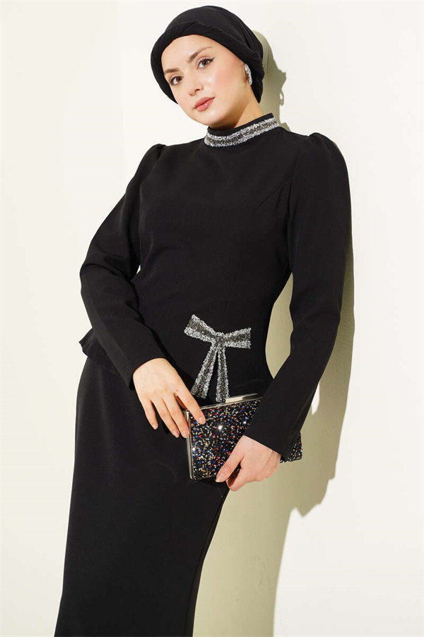 2 Piece Set with Bow and Stone Embellished Skirt, Black