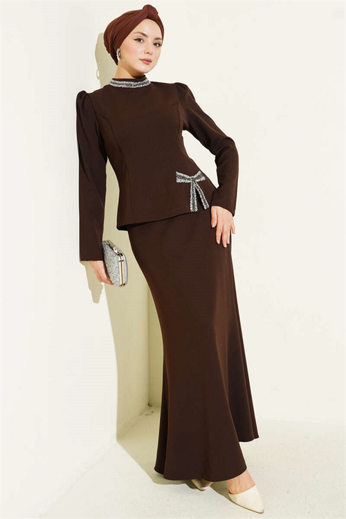 2 Piece Set with Bow and Stone Embellished Skirt, Coffee