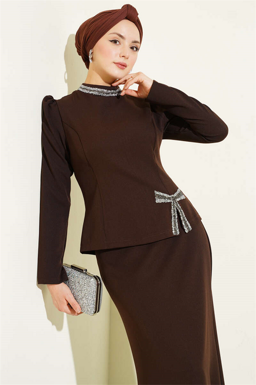 2 Piece Set with Bow and Stone Embellished Skirt, Coffee