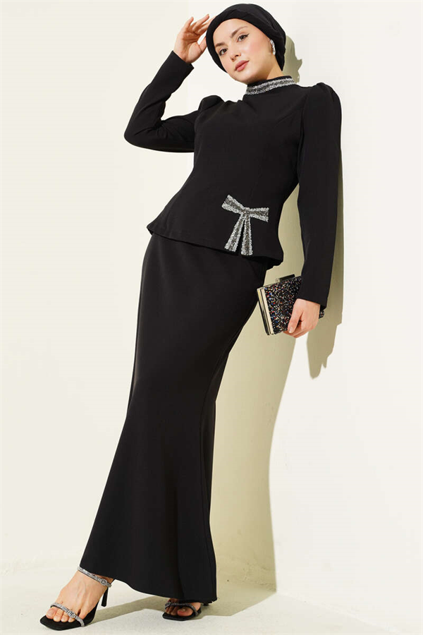 2 Piece Set with Bow and Stone Embellished Skirt, Black