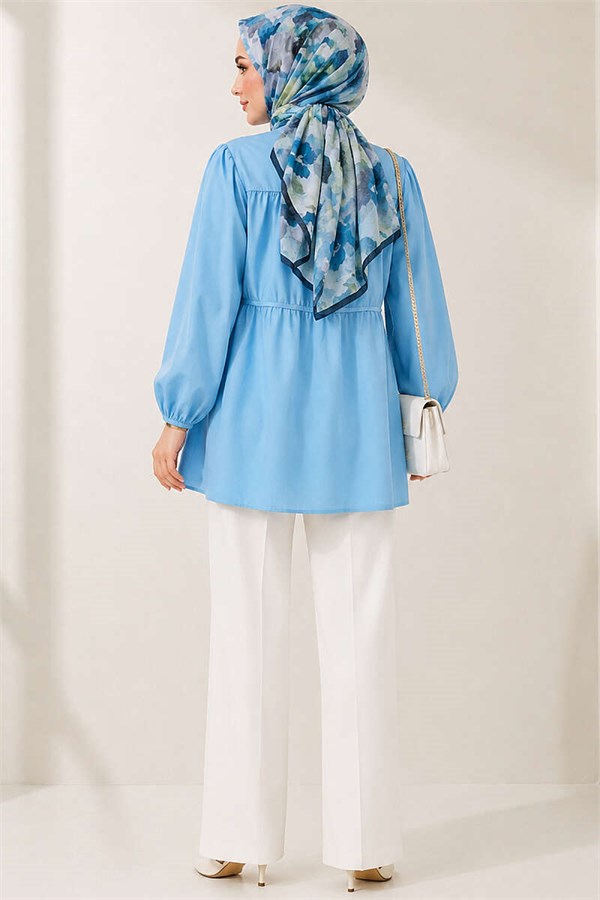 Baby Blue Gathered Shirt with Bow