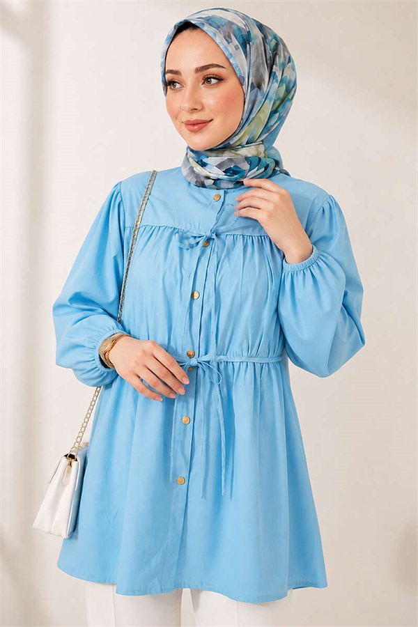 Baby Blue Gathered Shirt with Bow