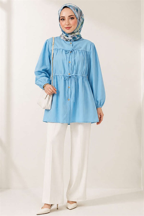 Baby Blue Gathered Shirt with Bow