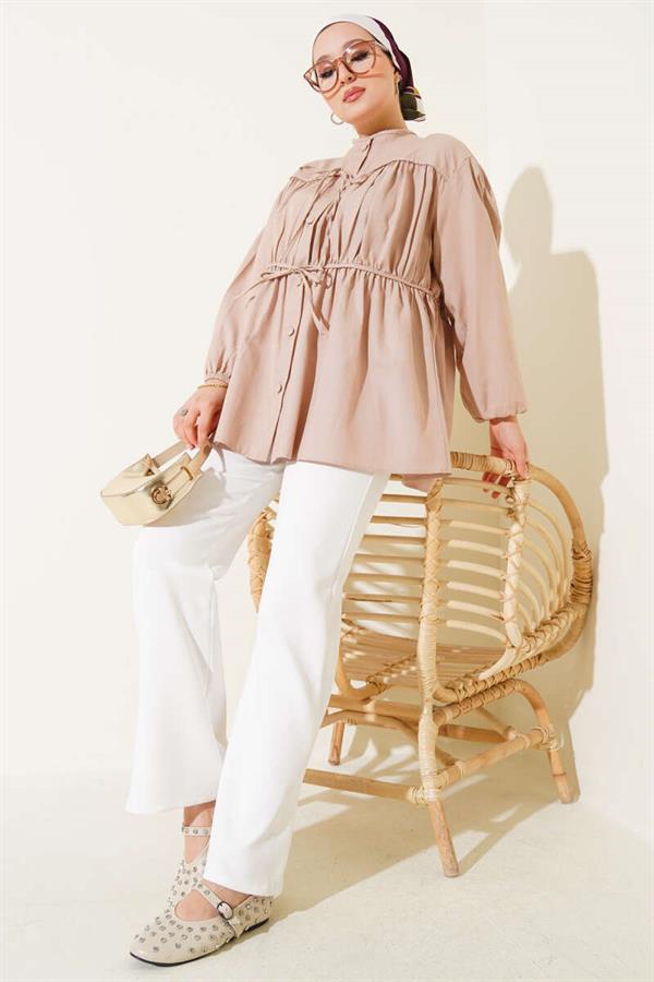 Bow-Tie Pleated Shirt Beige