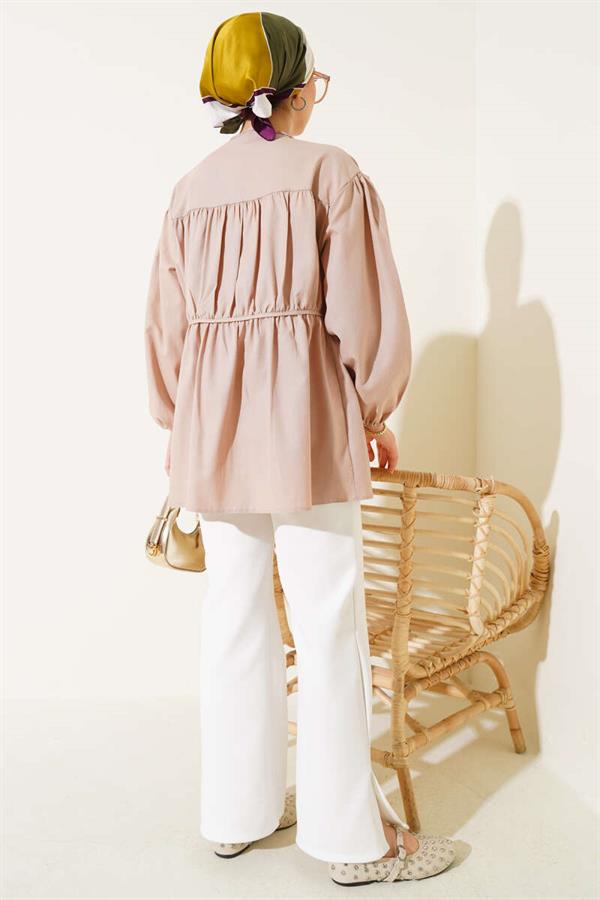 Bow-Tie Pleated Shirt Beige