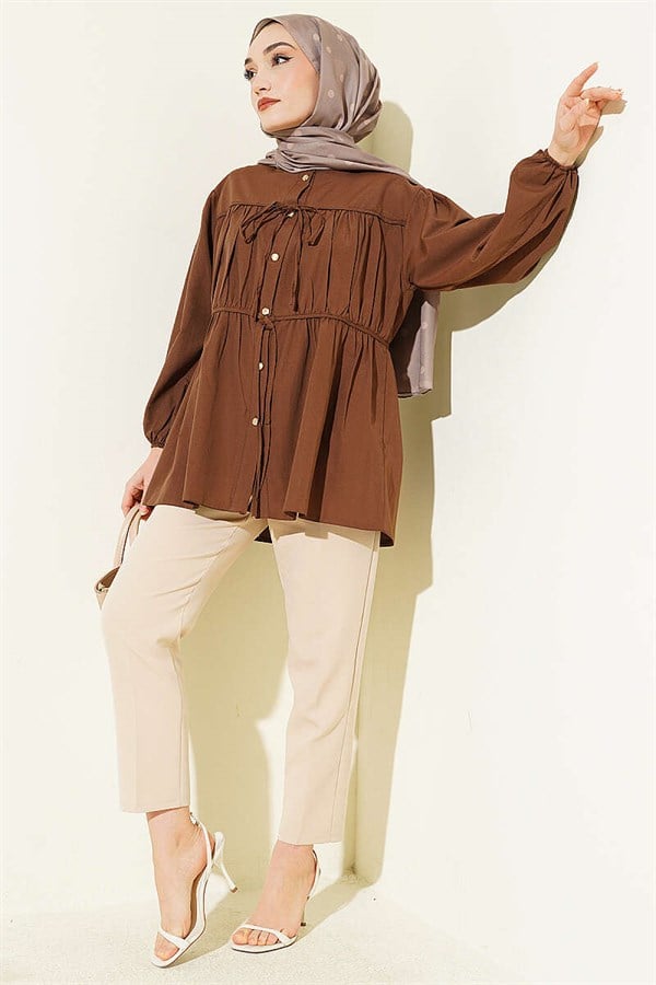 Gathered Shirt with Bow, Coffee