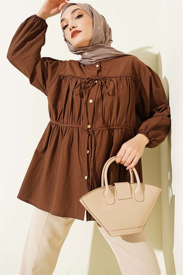 Gathered Shirt with Bow, Coffee