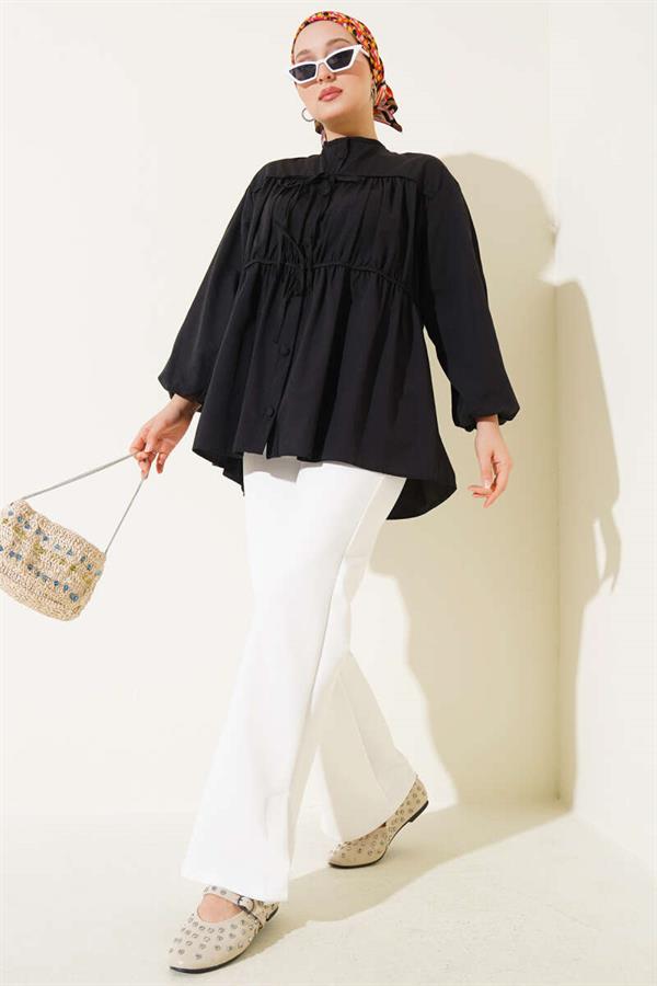 Bow-Tie Shirred Shirt Black