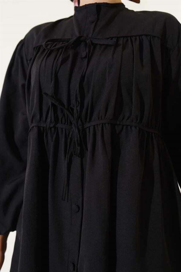 Bow-Tie Shirred Shirt Black