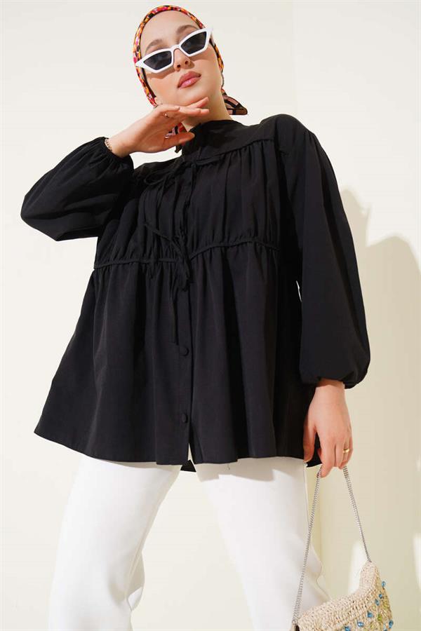 Bow-Tie Shirred Shirt Black