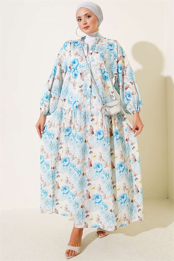 Flowers Pattern Buttoned Dress Blue