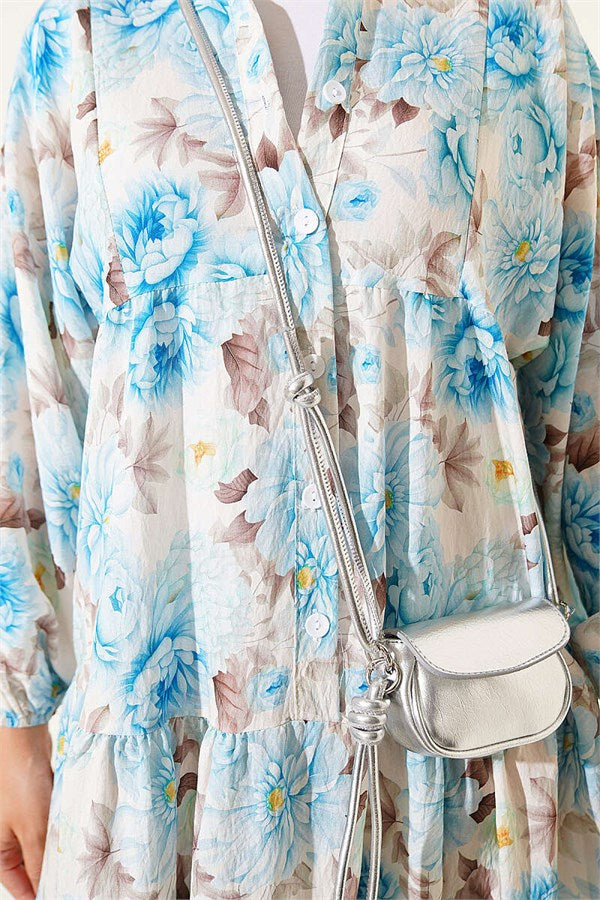 Flowers Pattern Buttoned Dress Blue