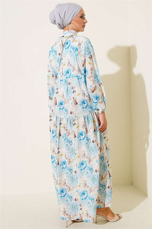 Flowers Pattern Buttoned Dress Blue