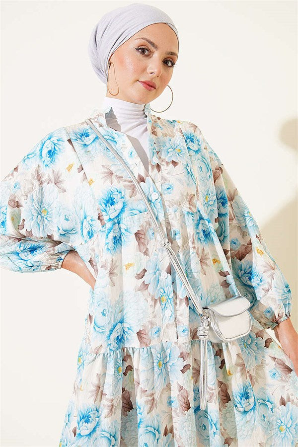 Flowers Pattern Buttoned Dress Blue
