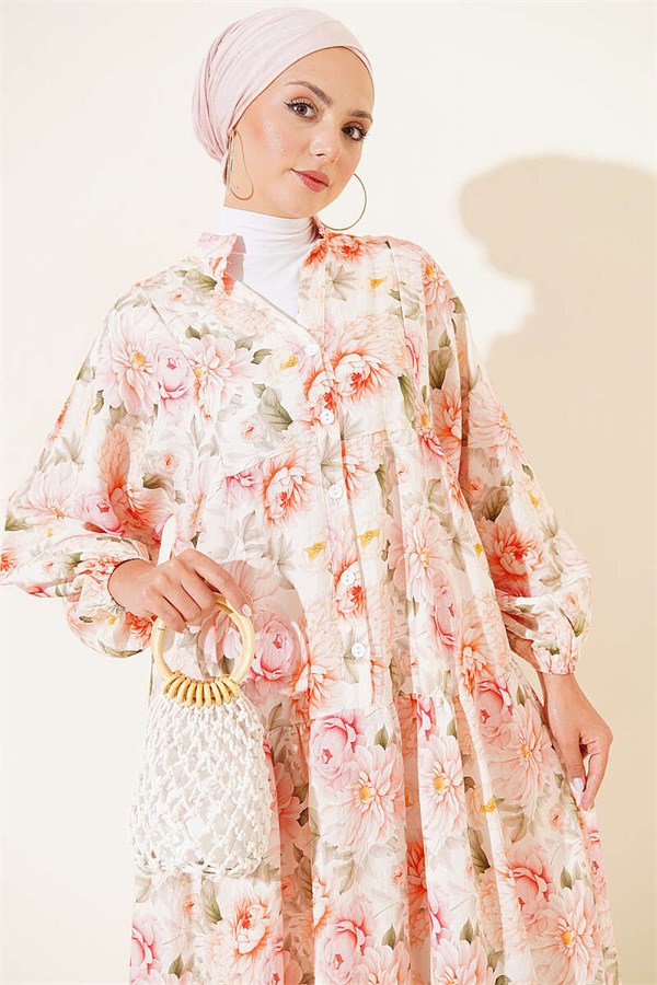 Pink Buttoned Dress with Flowers Pattern