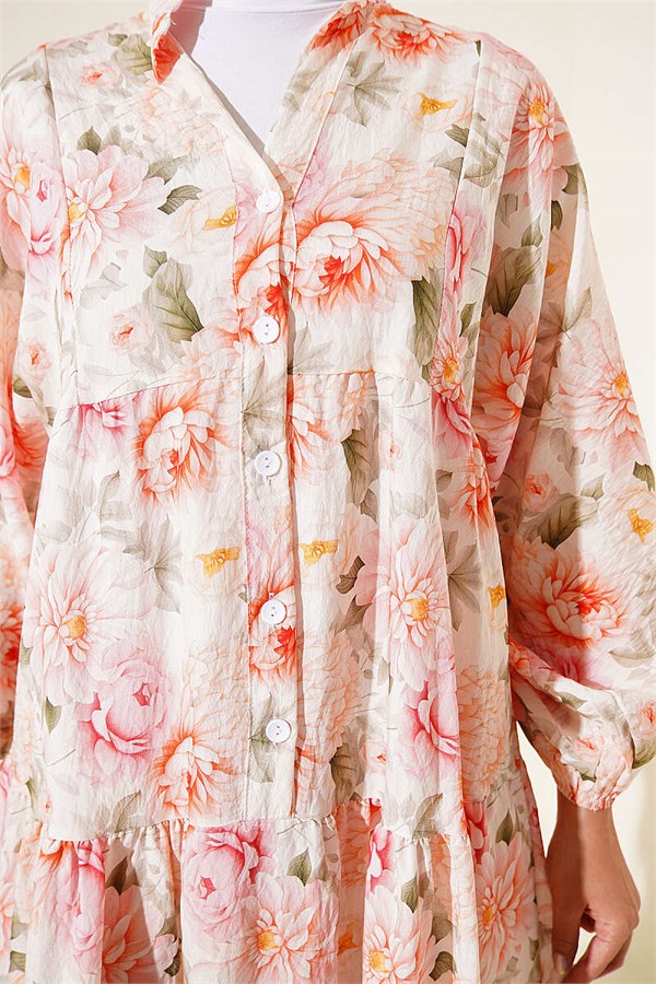 Pink Buttoned Dress with Flowers Pattern