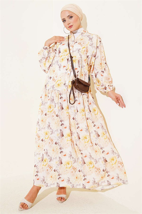 Flowers Pattern Buttoned Dress Yellow