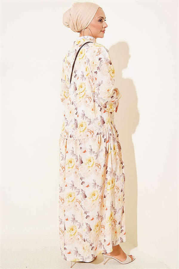 Flowers Pattern Buttoned Dress Yellow