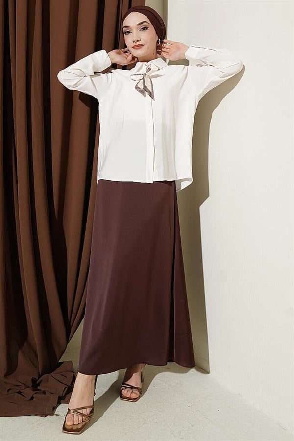 Scarf Detailed Basic Modal Shirt, Ecru