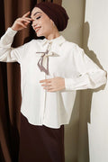 Scarf Detailed Basic Modal Shirt, Ecru