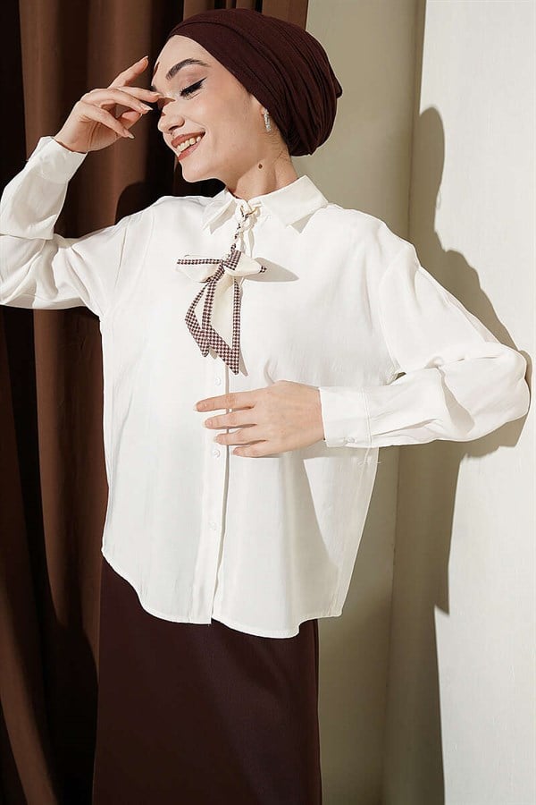 Scarf Detailed Basic Modal Shirt, Ecru