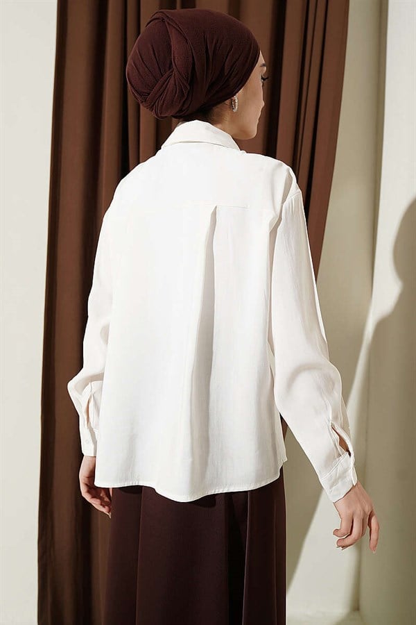 Scarf Detailed Basic Modal Shirt, Ecru